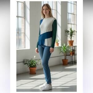 St. John Silk Colorblock Long Sleeve Crewneck Tee Shirt Small